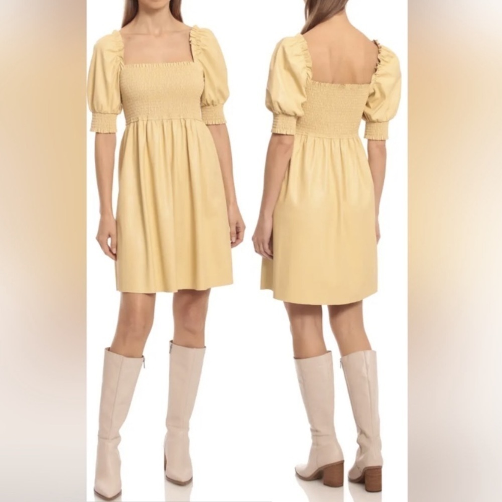 7 For All Mankind Faux Leather Puff Sleeve Fit & Flare Dress